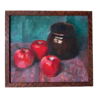 Vintage Still Life With Red Apples and Vase – Oil on Masonite Painting For Sale
