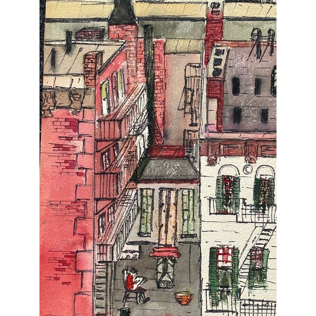Incredible Mid-Century American Original Pen + Ink on a Heavy Paperboard Aerial view - rooftop perspective, likely New...