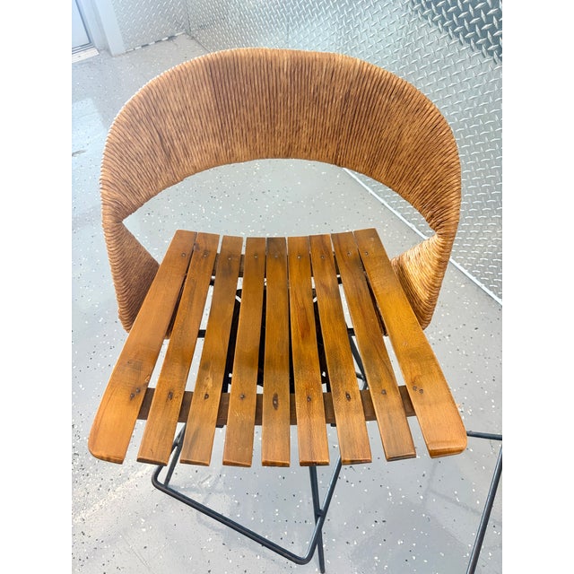 Brown Attributed to Arthur Umanoff Rush Seat Wire Bases Bar Stools Circa 1970s - Set of 2 For Sale - Image 8 of 10
