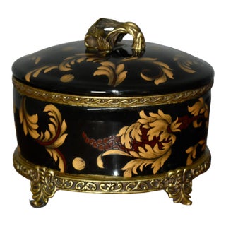 Vintage Hand Painted Asian Style Oval Box W/Lid & Brass Ormolu For Sale