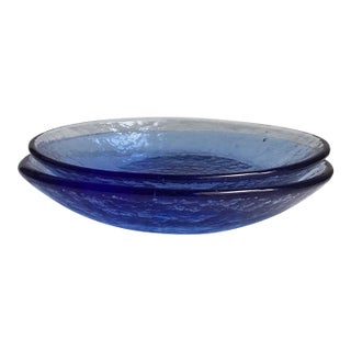 Late 20th Century Fire & Light Recycled Glass Cobalt Blue Dipping Dishes Bowl Plates- Set of 2 For Sale