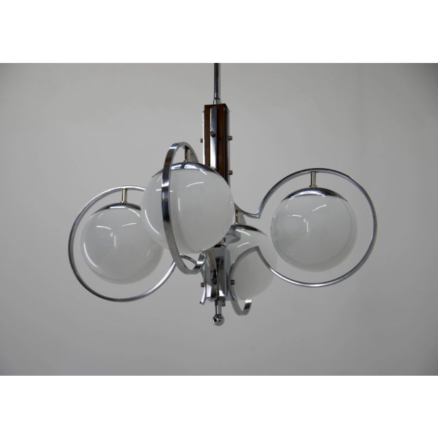 Art Deco Opaline Glass, Wood and Chrome Chandelier, 1930s For Sale - Image 3 of 13