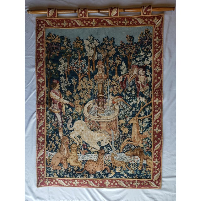 Late 20th Century Medieval Style Unicorn at the Fountain Wall Tapestry, 1990s For Sale - Image 5 of 12