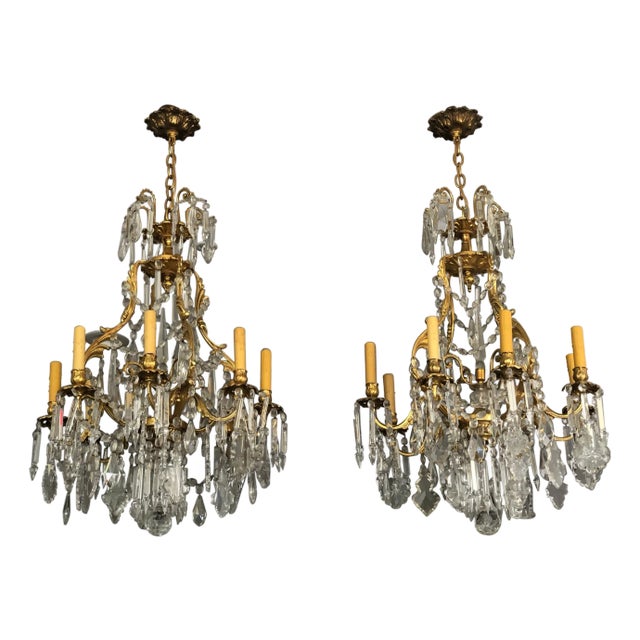 Pair of 19th Century French Louis XV Gilt Bronze and Crystal Chandeliers For Sale
