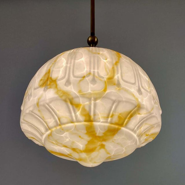Metal Art Deco Marbled Opaline Glass and Brass Pendant Light, Germany, 1930s For Sale - Image 7 of 18