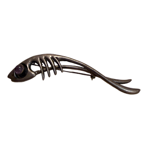 Taxco Sterling Silver Abstract Fish Pin Amethyst Stone Eye Sigi Pineda