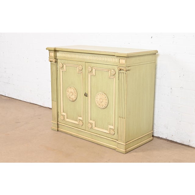 French Henredon Neoclassical Green and Cream Lacquered Sideboard Buffet or Bar Cabinet, Circa 1960s For Sale - Image 3 of 12