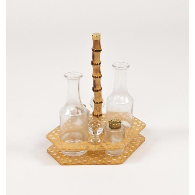 Condiment Set in Acrylic Glass, Wicker and Brass in the style of Christian Dior, Italy, 1970s, Set of 5 For Sale - Image 6 of 12