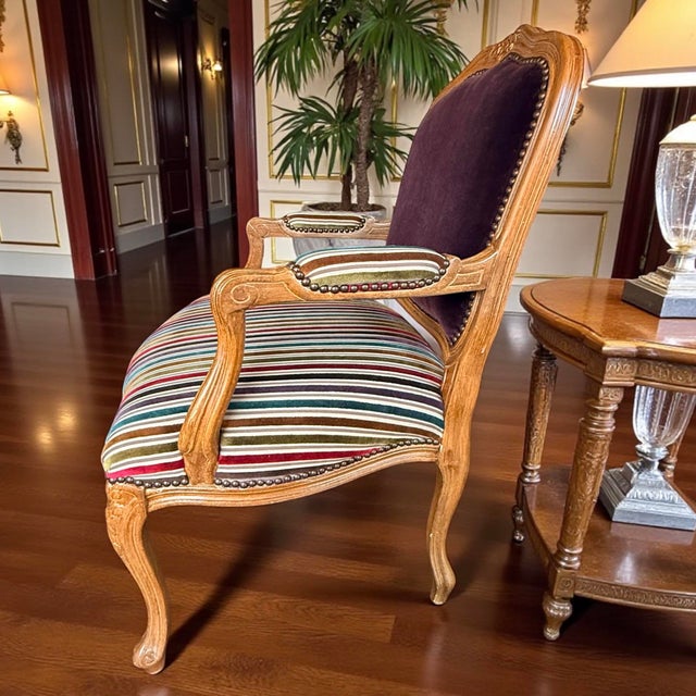 Textile Custom Vintage Jewel Stripe Abergine French Imprt Velvet Silk Fabric Accent Chair For Sale - Image 7 of 11