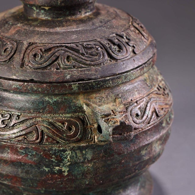 Bronze Pair of Antique Bronze Lidded Jars With Archaic Scrollwork For Sale - Image 8 of 9