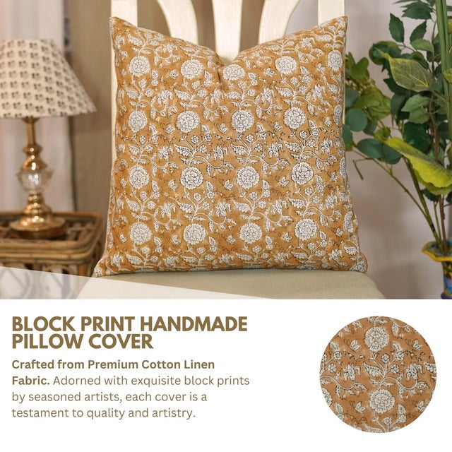 Add a touch of elegance to your decor with this block print handmade cushion cover, made from a breathable cotton-linen....