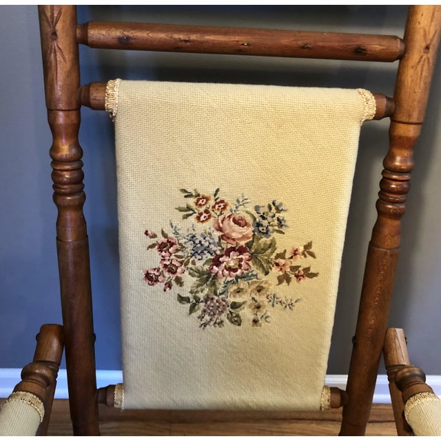Antique American Needlepoint Platform Rocking Chair | Chairish