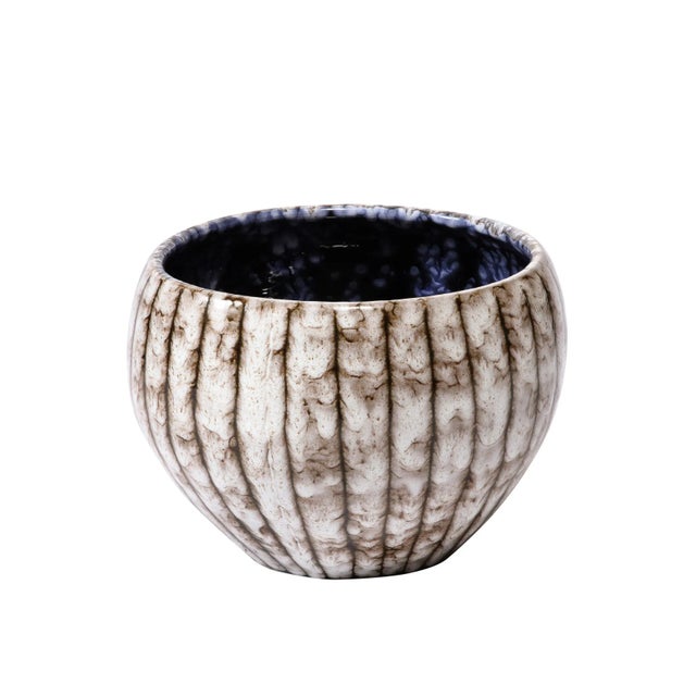 Mid-Century Modernist White & Earth Toned Ceramic Bowl With Vertical Banding For Sale - Image 11 of 11