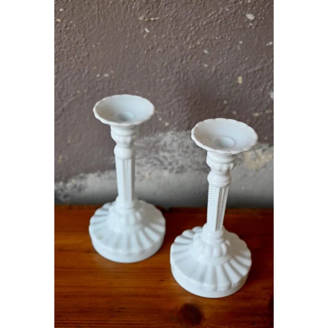 Boho Chic Swedish Candleholders in White Opaline Glass, 1990s, Set of 2 For Sale - Image 3 of 6