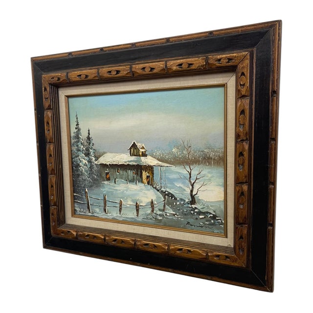 Cabin Vintage Signed Winter Landscape Oil Painting on Canvas in Hand-Carved Wood Frame, Rustic Snow Cabin Scene.. For Sale - Image 3 of 10