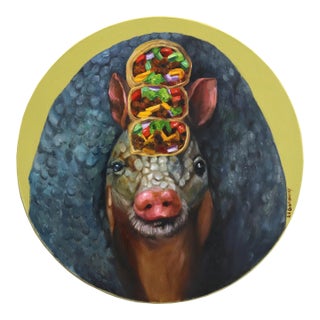Portrait of an Armadillo, Bearing Burritos - Original Surreal Animal Portrait Oil Painting on Wood Panel by Jj Galloway For Sale