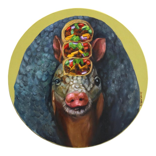 Portrait of an Armadillo, Bearing Burritos - Original Surreal Animal Portrait Oil Painting on Wood Panel by Jj Galloway For Sale