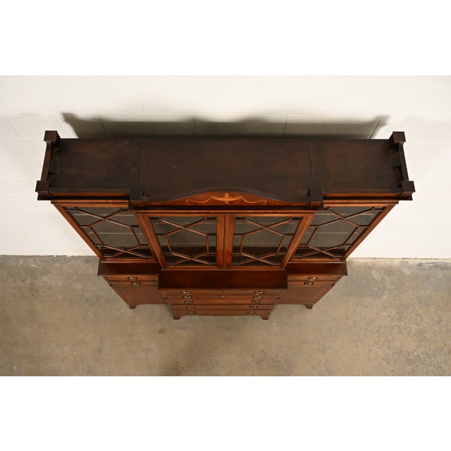 Baker Furniture Style Federal Carved Mahogany Breakfront Bookcase Cabinet With Secretary Desk, Circa 1940s For Sale - Image 13 of 16