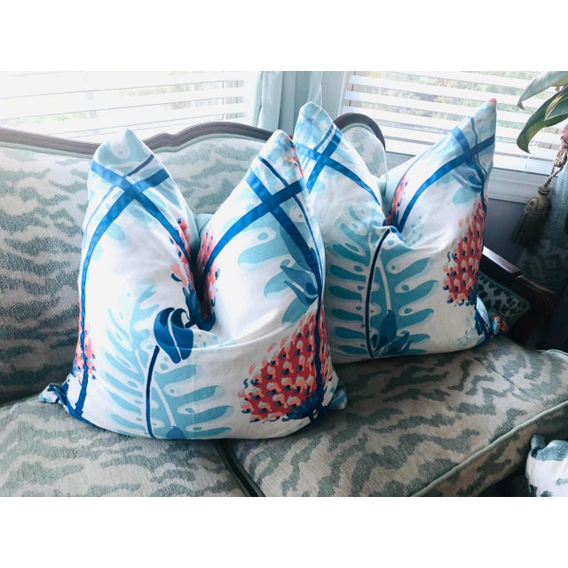 Contemporary Thibaut Triverton Floral Linen Pillow Covers in Coral Royal Blue Aqua - a Pair For Sale In Columbia, SC - Image 6 of 7