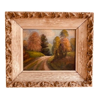 Vintage Oil Painting Autumn Landscape Giltwood Carved Frame Mid-Century For Sale