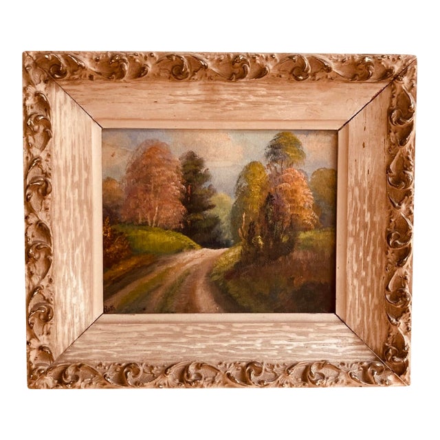 Vintage Oil Painting Autumn Landscape Giltwood Carved Frame Mid-Century For Sale