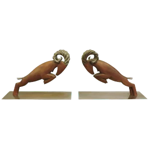 Hagenaurer Art Deco Carved Wood Charging Ram Bookends