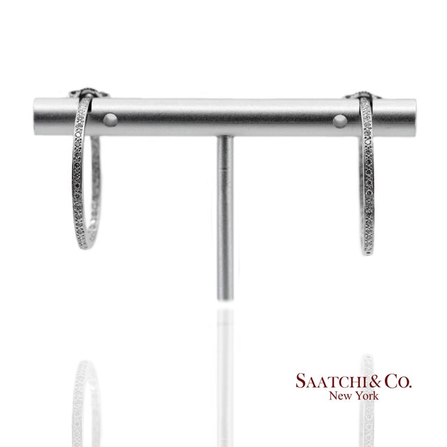 Metal 18k 750 Solid White Gold in and Out Natural Diamond Hoop Earrings, Pair For Sale - Image 7 of 13