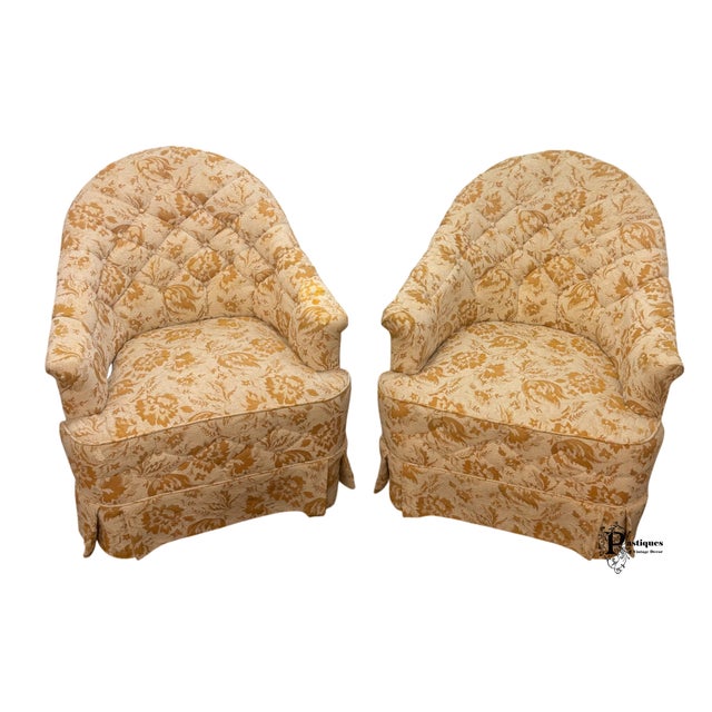 Vintage Pair of Mid Century Style Barrel Back Chairs featuring High Quality Hardwood Frames, Tufted Seats Backs, and...