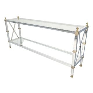 Two Tier Glass Shelves Chrome & Brass Rectangle 60" Long Italian Console Table For Sale
