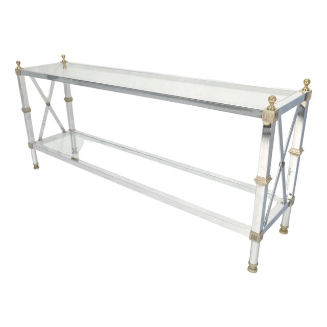 Two Tier Glass Shelves Chrome & Brass Rectangle 60" Long Italian Console Table For Sale