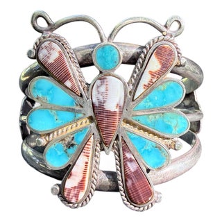 Vintage Navajo Style Sterling Silver Turquoise & Spiny Oyster Butterfly Cuff Bracelet For Sale