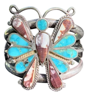 Vintage Navajo Style Sterling Silver Turquoise & Spiny Oyster Butterfly Cuff Bracelet