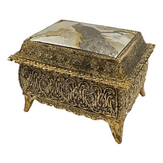 Vintage Japanese Chokin Jewelry Box, Peacock Trinket Box, Gilded Metal Keepsake Box, Made in Japan, Gold Tone Vanity Decor For Sale