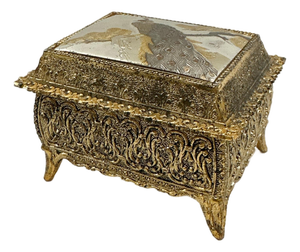 Vintage Japanese Chokin Jewelry Box, Peacock Trinket Box, Gilded Metal Keepsake Box, Made in Japan, Gold Tone Vanity Decor