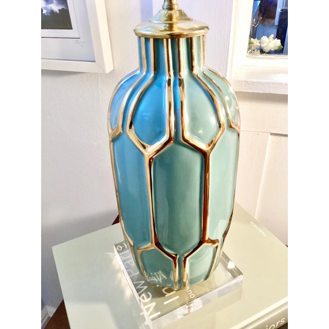 Blue Hollywood Regency Ceramic Lamp: Gold & Blue, Lucite Base, C. Damien Fox Design For Sale - Image 8 of 8
