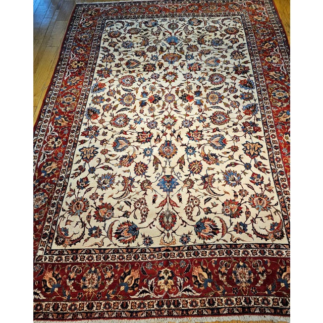 Persian Vintage Persian Isfahan Rug, Hand-Knotted Wool, Allover Floral Pattern, Ivory & Red, 10x14 For Sale - Image 3 of 14