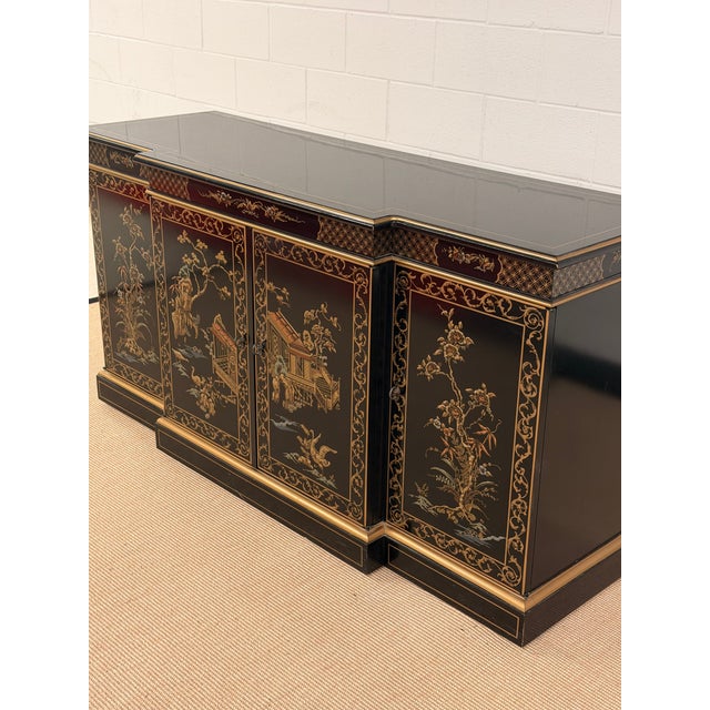 Black Lacquer Hand Painted Chinoiserie Credenza From Drexel Heritage For Sale - Image 10 of 12