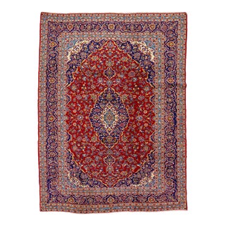 Vintage Hand-Knotted Persian Kashan Red Wool Rug With Medallion Motif For Sale