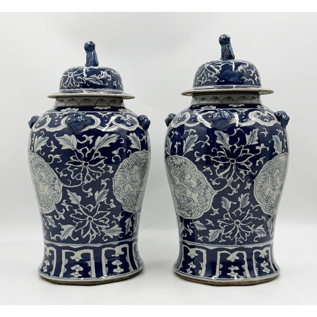 Ceramic Mid 20th Century Pair of Chinese Style Blue and White Porcelain Temple Ginger Jars For Sale - Image 7 of 18