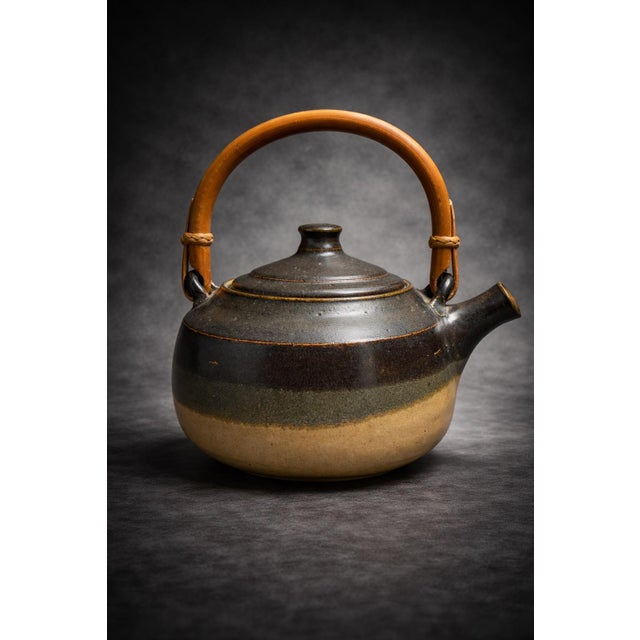 1979 Signed Walker Studio Pottery Teapot With Bamboo Handle & Wood Platform For Sale - Image 12 of 12
