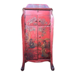 Chinoiserie Style Red Victrola Cabinet For Sale