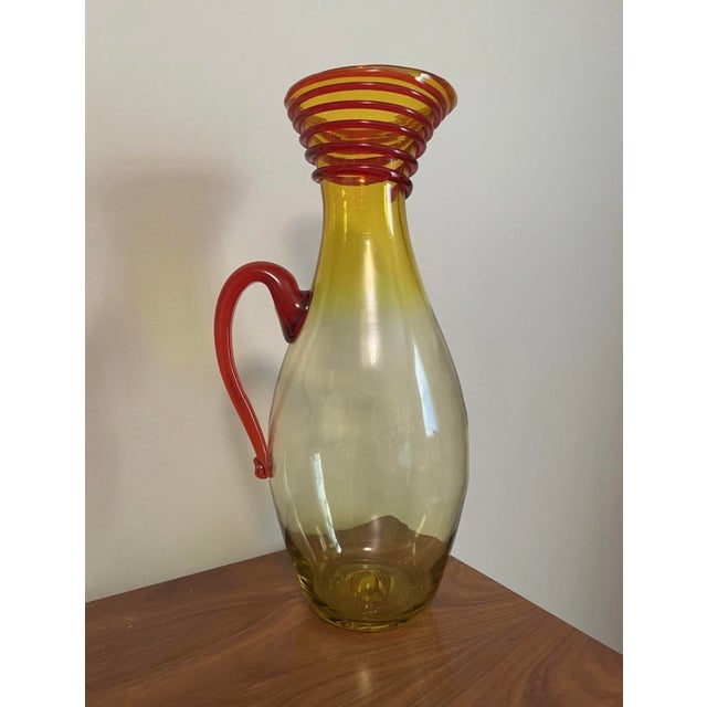Blenko Vintage Applied Red Coil Lemon Yellow 17.5” Vase Pitcher by Joel Philip Myers for Blenko 1968 For Sale - Image 4 of 10