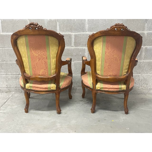Pair of Louis XV Style Carved & Upholstered Armchairs For Sale - Image 9 of 9