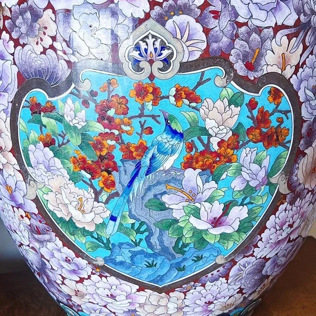 Metal Early 20th Century Large Japanese Cloisonne Jardiniere Depicting Birds and Flowers, a Pair For Sale - Image 7 of 13