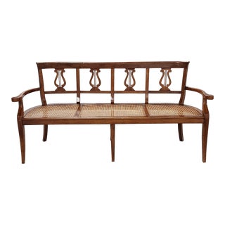 Vintage Italian Neoclassical Carved Wood Lyre Back Cane Bench For Sale
