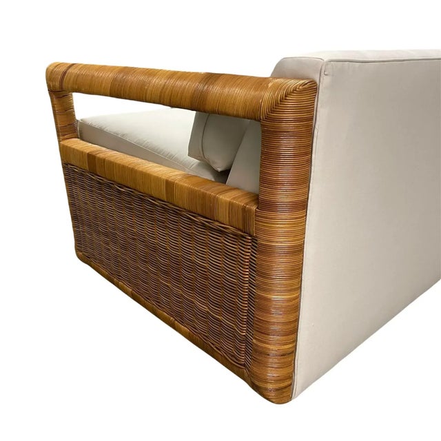 Crespi Style Rattan Sofa With Quadrille Upholstery For Sale In Miami - Image 6 of 12