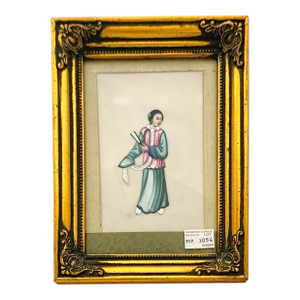 Antique 19th C Chinese Folk Art Pith Painting Female Figure Elegant Lady Oriental Decor