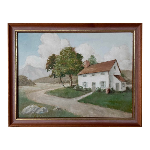 1980’s Vintage Country House Landscape Oil on Artist Board Painting, Wood Framed – Unsigned For Sale