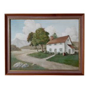 1980’s Vintage Country House Landscape Oil on Artist Board Painting, Wood Framed – Unsigned