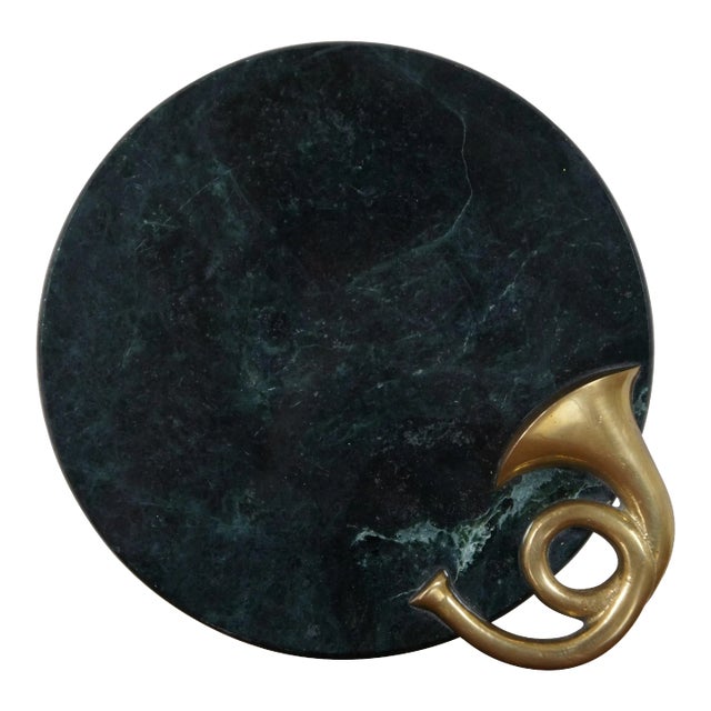 Vintage Green Marble Brass French Horn Cheese Plate Serving Tray For Sale